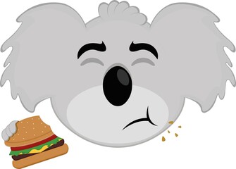 Vector illustration of the face of a koala cartoon eating a hamburger