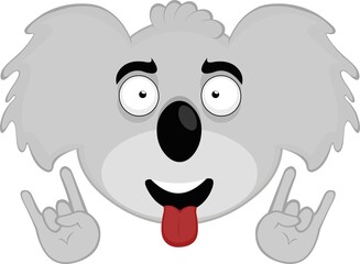 Vector illustration of the face of a koala cartoon with a cheerful expression, making the classic heavy metal gesture with hands and tongue out