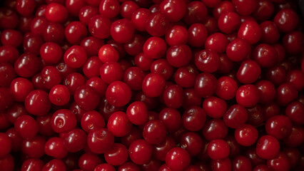 Harvest of red cherries. Cherry background. Fresh ripe cherries background. Cherry top view.