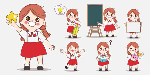 Cute cartoon doodle girl student character study in the classroom at the school pose set.