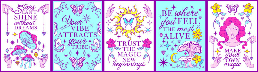 Bright devine boho spring prints and posters. Mystery vibrant graphics with witch, fairy stars, magic diamonds, mystical hands and mushrooms.Alchemy Spring creatures and blooming florals