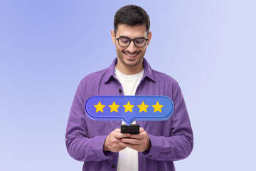 Five star rating icon and customer giving excellent feedback via phone app - 514694895