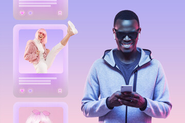 Cheerful african man with phone scrolling social media news feed in purple neon light