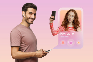 Side view of handsome guy with phone matching with redhead girl in dating app - obrazy, fototapety, plakaty