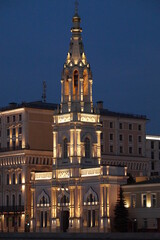 Photo of illumination of a building in Moscow at night