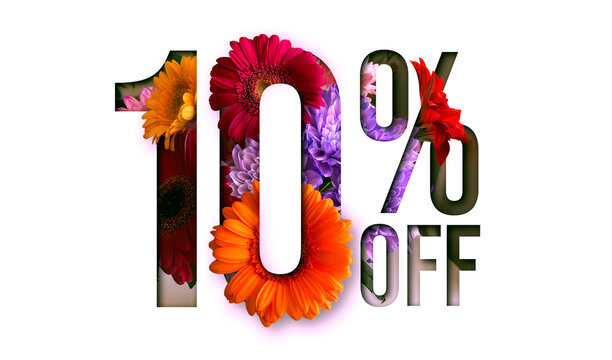 Flowers spring sale 10 percent off. Paper cut with flowers and leaves sale 10% on white background. Unique selling background for flyer, poster, shopping, for symbol sign, discount, selling, banner.