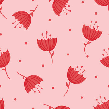 Cute, Playful Floral Seamless Vector Pattern. Red Tulip Flowers On A Pink Background. Simple, Quirky Repeat Print For Girls Textiles, Fabric, Fashion, Home Decor And Stationary. 