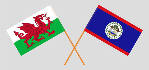 Crossed flags of Wales and Belize. Official colors. Correct proportion