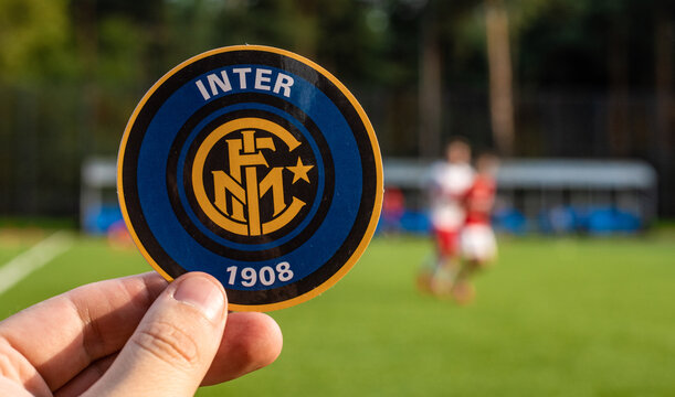 August 30, 2021, Moscow, Russia. The emblem of the football club Inter Milan on the background of the green lawn of the stadium.