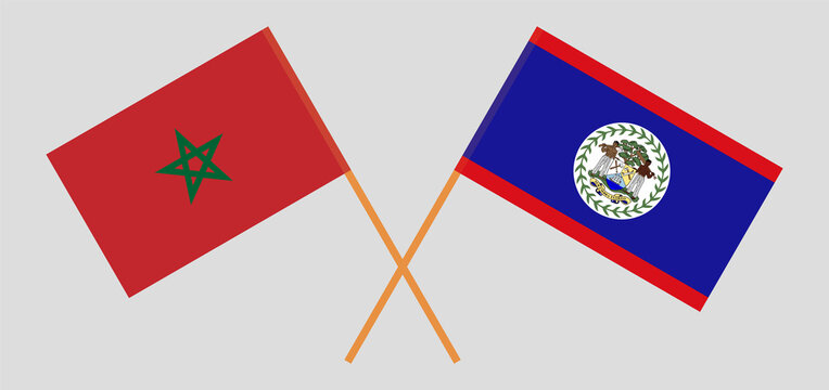 Crossed flags of Morocco and Belize. Official colors. Correct proportion
