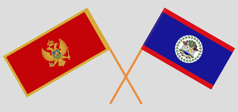 Crossed flags of Montenegro and Belize. Official colors. Correct proportion