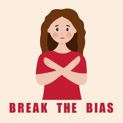 Break the bias trendy illustration with woman hands crossed.
Women equality concept, break stereotype towards women.