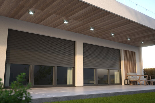 Window roller illustration - modern house with terrace, 3D illustration