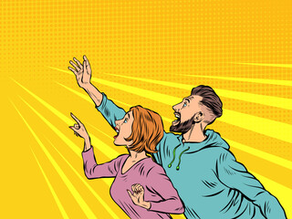 woman and man couple People point with their hand. Template advertising announcement news sale. Pop art style - 514699624