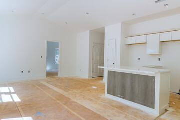 Installed white kitchen wooden cabinets with a view of home improvement in a set of furniture being constructed