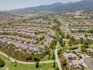 Los Angeles, California, USA – June 29, 2022: Aerial Drone View of Corona City, CA around Upper Dr and Foothill Pkwy - obrazy, fototapety, plakaty