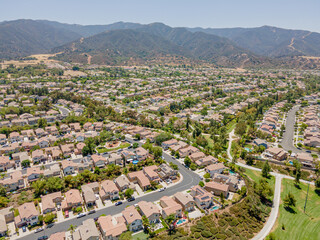 Los Angeles, California, USA – June 29, 2022: Aerial Drone View of Corona City, CA around Upper...