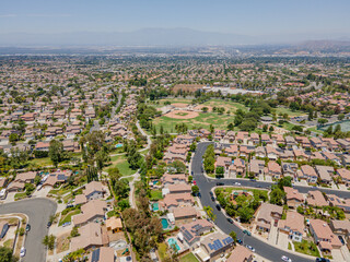 Los Angeles, California, USA – June 29, 2022: Aerial Drone View of Corona City, CA around Upper Dr and Foothill Pkwy - obrazy, fototapety, plakaty