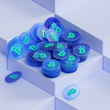 Bitcoin crypto currency coins, e-commerce investment concept on blue background, 3d render