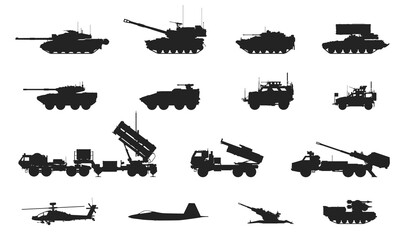 military equipment icon set. weapon, air force and army symbol. isolated vector image for military infographics