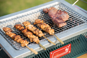 BBQでステーキと焼き鳥を焼いている