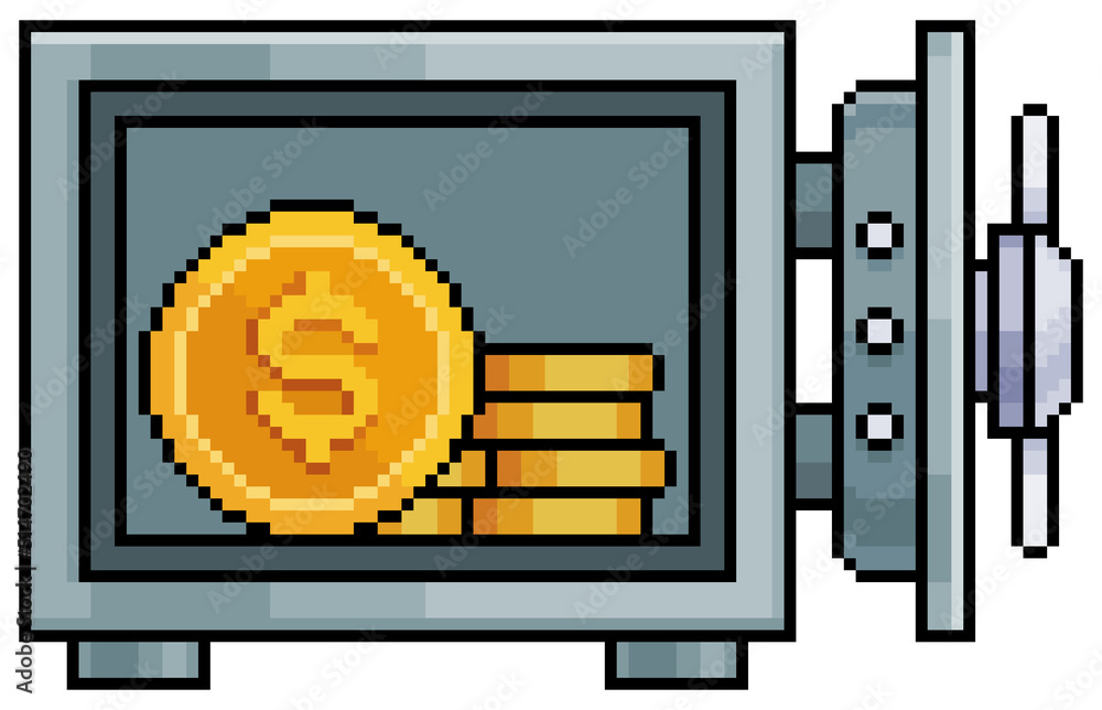 Poster pixel art open safe with coins. safely stored money vector icon for 8bit game on white background