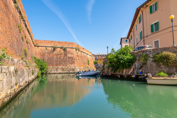 View of the brick outer walls of the Fortezza Nuova, or new fort from a canal in the New Venezia...
