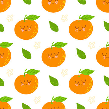 Mandarins seamless pattern for print, textile, fabric. Modern hand drawn stylized citrus fruits background