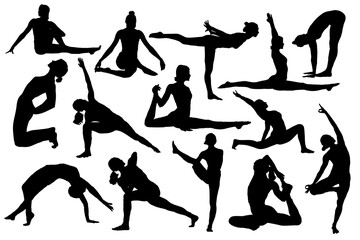 Silhouettes of women doing Yoga. Collection of poses. Vector illustration. white background.