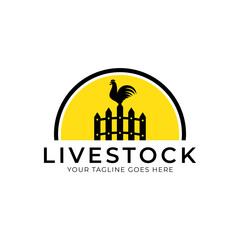 rooster livestock logo with sun vintage vector illustration design, rooster and sun logo design