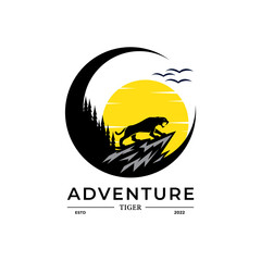 Outdoor Adventure Logo Template. Badge Vintage of Night with Tiger and Forest Logo Emblem