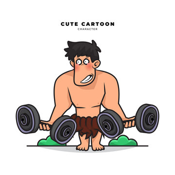 Cute cartoon character of neanderthals caveman is listing the barbell