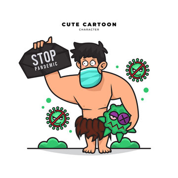Cute cartoon character of neanderthals caveman is holding stop pandemic covid-19 sign