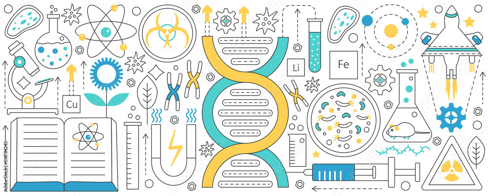 Poster genetics and bioengineering, thin line scientific laboratory equipment and structures vector illustr