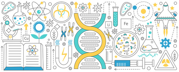 Genetics and bioengineering, thin line scientific laboratory equipment and structures vector illustration. Abstract science analysis, DNA data research, biotechnology and microbiology background