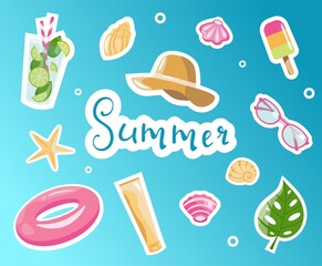 Cute summer set with hand drawn tropical elements, lettering, ice cream, shells, mojito, sunglass, straw hat, sunscreen, rings for swimming. Collection of scrapbooking elements for beach party.