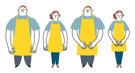 黄色いエプロンを付けた男女のスタッフまたは店員　セット　イラスト素材
