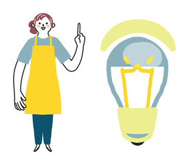 節電をお知らせする黄色いエプロンの女性スタッフ　セット　イラスト素材	
