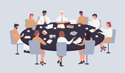 Business people sit around table in chairs to discuss ideas. Cartoon team of employees brainstorming on conference in office, politicians conversation flat vector illustration. Teamwork concept