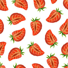 Ripe sweet strawberries seamless watercolor pattern. Red summer berry with leaves isolated on white background. Hand drawn fresh garden fruit sliced in half. Tasty tropical dessert, healthy food