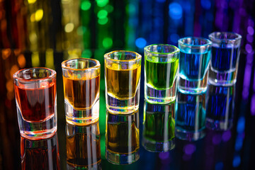 Rainbow drink. Glass shot of alcohol liquor. Bar counter. Rainbow colors. Colored vodka. LGBT Pride. Rainbow flag, symbol gays and lesbians LGBT, LGBTQ. Good for Party. Rainbow on black background.