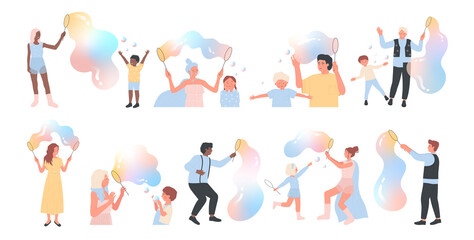 Soap bubble show set vector illustration. Cartoon isolated kids and adults play and blow giant balloons, adorable little girls and boys blowing big bubbles, spheres and air balls on foam party