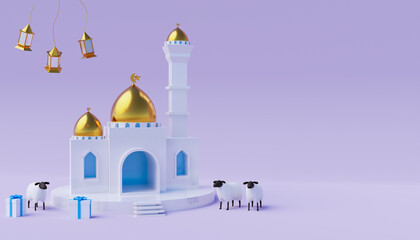 Islamic banners with sheep, podiums, mosques, lanterns, realistic for the celebration of Eid al-Adha or Eid al-Adha, suitable for space available, and Eid al-Adha greeting cards.
