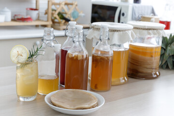 Kombucha tea in the Kitchen, Kombucha fermented drink, bacteria and yeast,  fermentation, probiotic, Scoby, mushroom pro biotic, healthy fermented tea