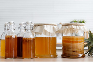 Kombucha tea in the Kitchen, Kombucha fermented drink, bacteria and yeast,  fermentation, probiotic, Scoby, mushroom pro biotic, healthy fermented tea