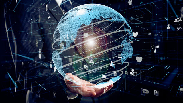 Businessman show hologram of global network communication allusive technology. Virtual augmented reality generated by 3D rendering motion graphic and animation to create futuristic HUD .