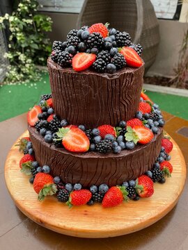 red fruit and banoffe cake, sweet, dessert served in a pastry shop,