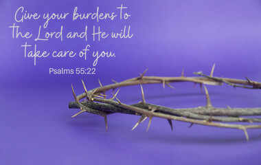 Christian prayer text with crown of thorns on purple cover background.