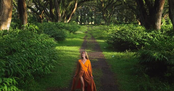 Attractive blond model in orange chiffon dress walks through dreamy forest, De Djawatan