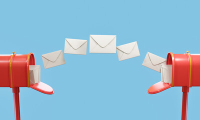 Red mailbox with flying envelope, mail delivery, and newsletter concept. 3d render illustration

